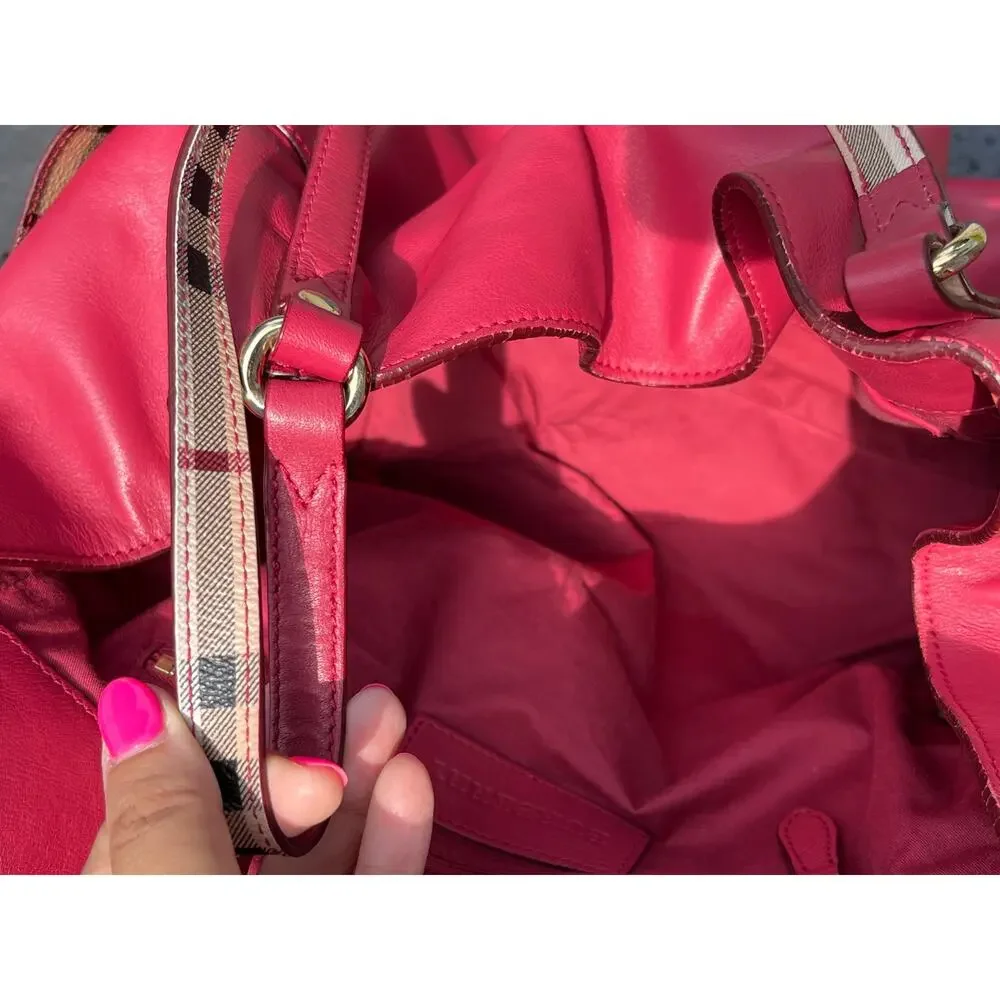 Vtg BURBERRY Red Leather Nova Check Strap Tote Bag Slouchy Hobo Shoulder Handbag